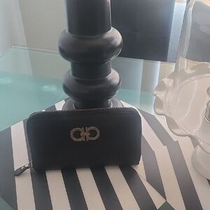 Salvatore Ferragamo Black Wallet with Gold Accent Red Inside Authentic